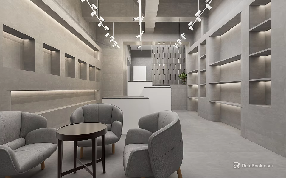 Modern Boutique Interior With Grey Sofas Round Coffee Table White Counter Shelves And Ceiling Lights 3d model