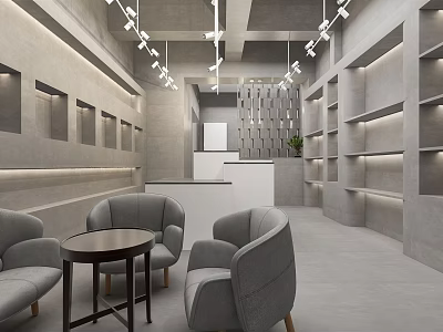 Modern Boutique Interior With Grey Sofas Round Coffee Table White Counter Shelves And Ceiling Lights 3d model