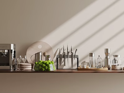 Organized Kitchen Tools Display With Coffee Machine Cutting Board Knives And Spice Jars 3d model