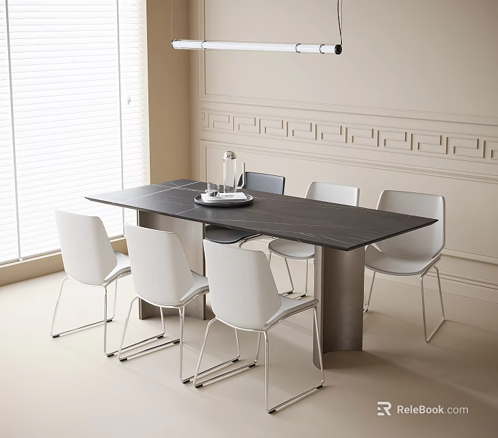 Modern Black Dining Table With Six White Chairs Light Wall Decorative Moldings And Window Blinds 3d model 