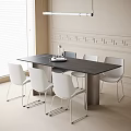 Modern Black Dining Table With Six White Chairs Light Wall Decorative Moldings And Window Blinds