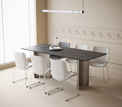 Modern Black Dining Table With Six White Chairs Light Wall Decorative Moldings And Window Blinds 3d model