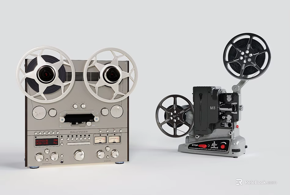 Vintage Commercial Reel to Reel Tape Recorder and Film Projector with Reels Professional Equipment 3d model 