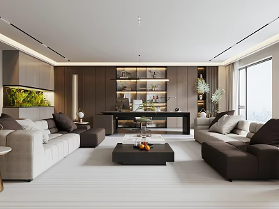 Modern Bright Spacious Office Interior With Comfortable Lounge Area And Elegant Wooden Decor Design 3d model