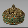 Golden Decorative Container With Intricate Openwork Carvings Green Red Gemstone Inlays And Small Top Ornament