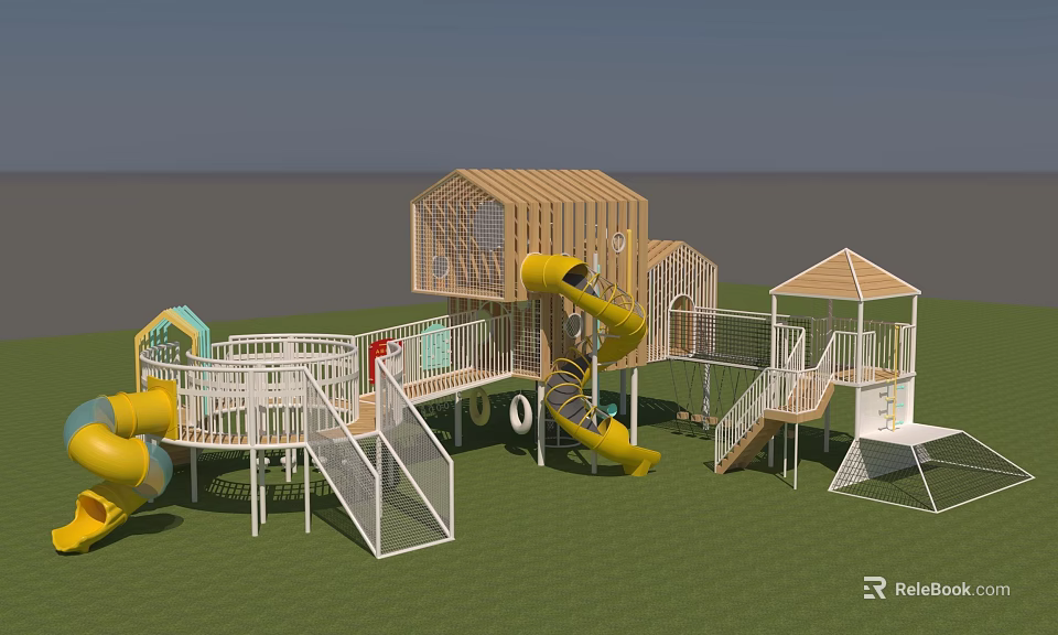 Outdoor Playground Equipment With Wooden Cabin Yellow Slide White Railings Tire Swing And Green Lawn 3d model 