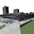 Modern Urban Architecture Exterior With Glass Facade Geometric Roof Tall Buildings Trees And Pedestrians