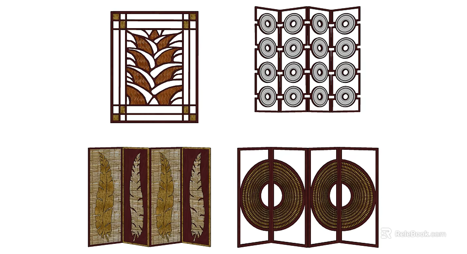 Decorative Room Divider Screens with Leaf Circular Feather Patterns and Wooden Frames 3d model