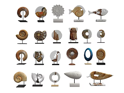 Decorative Ornament Set With Various Shapes Natural Inspired Designs And Wooden Bases 3d model