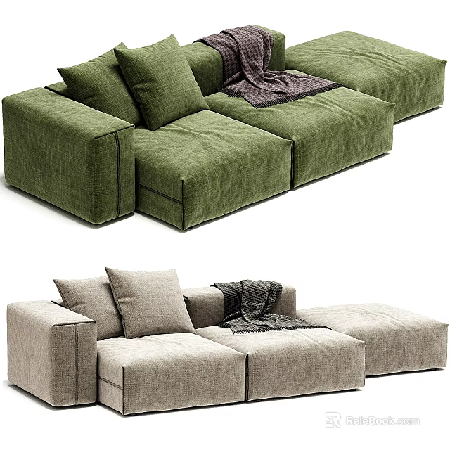 Modern Sectional Sofa In Green And Beige With Pillows And Throw Blanket 3d model 