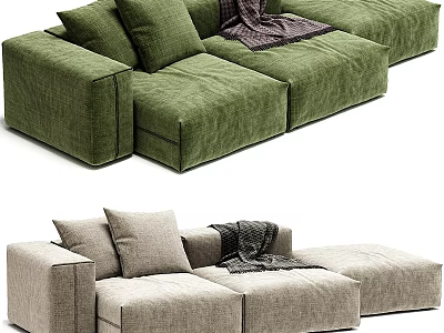 Modern Sectional Sofa In Green And Beige With Pillows And Throw Blanket 3d model