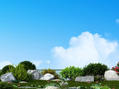 Shrubs in Garden Landscape with Green Grass Rocks Red Flowers White Clouds and Blue Sky 3d model