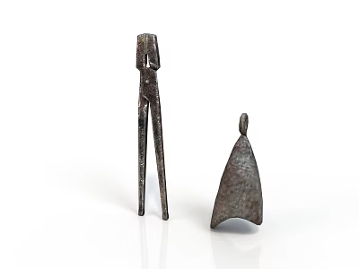 Ancient Metal Tools Including Human Shaped Long Implement And Bell Shaped Device 3d model
