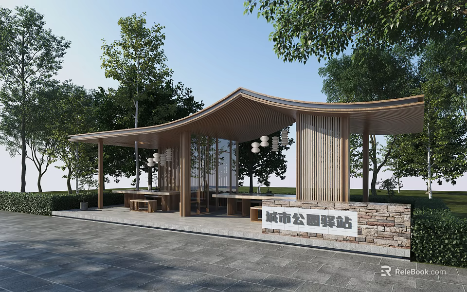 Urban Park Pergola With Wooden Curved Roof Trees Benches And Lanterns 3d model 