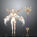 Elegant Fantasy Angel Character With Outstretched White Wings And Golden Ornate Staff
