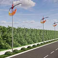 Outdoor Lights with Windmill Design Along Roadside Green Trees and Blue Sky