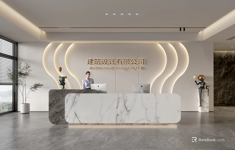 Professional Front Desk Reception With Marble Counter Staff Working Curved Lighting Decor And Green Plants 3d model 