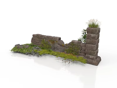 Modern Outdoor Landscape With Broken Wall Stones Weeds And Green Plants 3d model