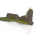 Modern Outdoor Landscape With Broken Wall Stones Weeds And Green Plants