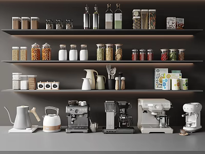 Modern Minimalist Kitchen Shelves With Storage Jars Ingredients And Countertop Appliances 3d model