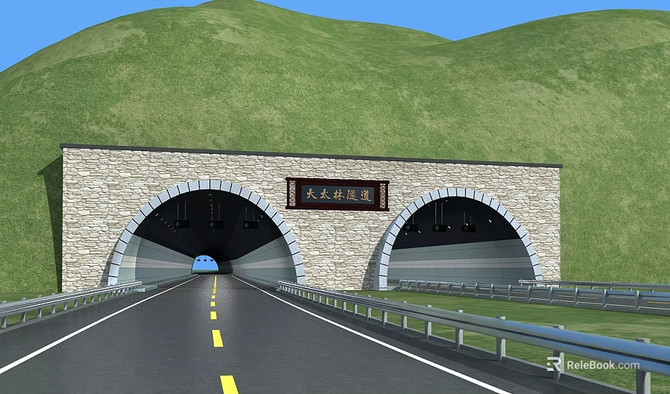 Road Facilities Featuring Stone Wall Tunnel Dual Carriageway Guardrail And Yellow Lane Markings 3d model 