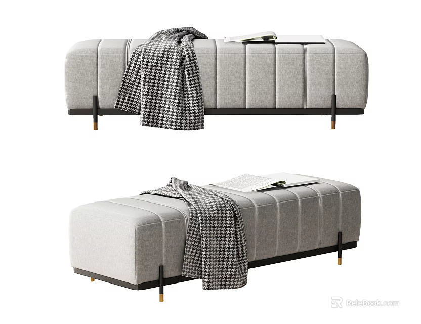 Light Gray Fabric Ottoman With Plaid Blanket Open Book And Metal Legs 3d model 