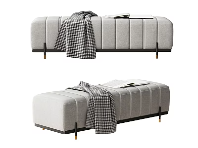 Light Gray Fabric Ottoman With Plaid Blanket Open Book And Metal Legs 3d model