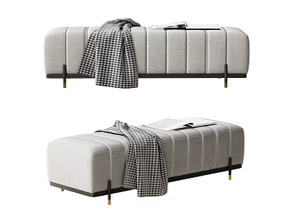 Light Gray Fabric Ottoman With Plaid Blanket Open Book And Metal Legs 3d model