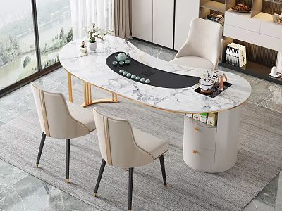 Elegant Modern Tea Table and Chairs with Marble Top Tea Set and Window View 3d model