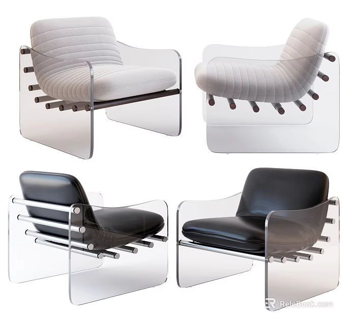 Modern Leisure Chair With Transparent Frame And Ribbed Upholstery In White Black Colors 3d model 