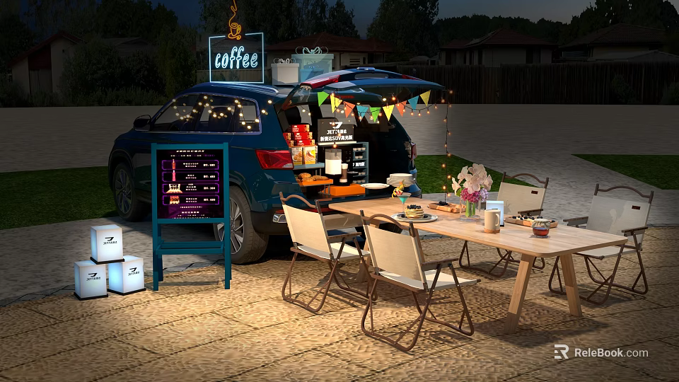 Car Trunk Coffee Setup With Outdoor Table Chairs Menu Board And String Lights 3d model