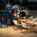 Car Trunk Coffee Setup With Outdoor Table Chairs Menu Board And String Lights 3d model