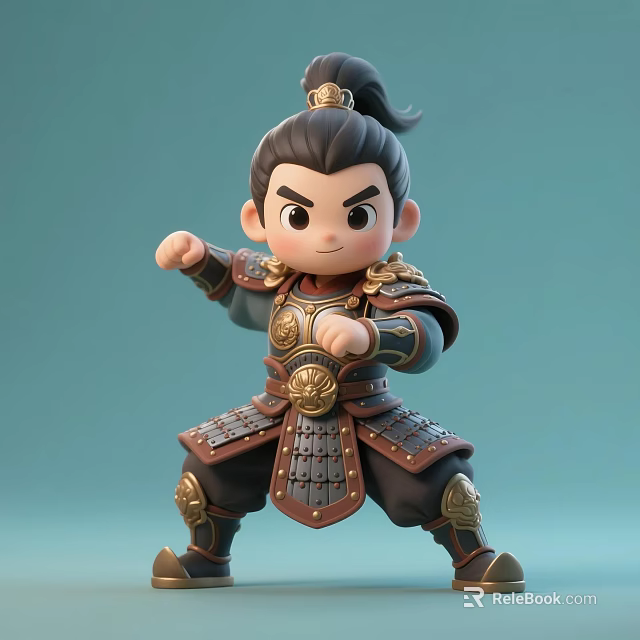 Cartoon Man In Traditional Armor With Topknot Hair Fighting Stance Golden Decorations Light Green Background 3d model 
