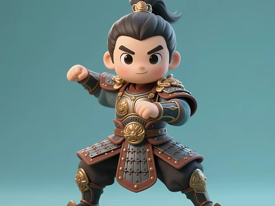 Cartoon Man In Traditional Armor With Topknot Hair Fighting Stance Golden Decorations Light Green Background 3d model