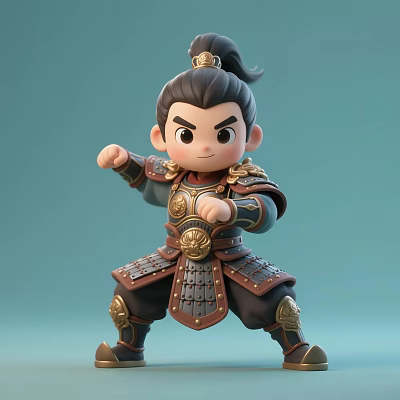 Cartoon Man In Traditional Armor With Topknot Hair Fighting Stance Golden Decorations Light Green Background 3d model