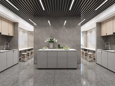 Modern Restaurant Kitchen With Grey Cabinets Marble Walls Island Linear Lights And Wooden Bar Stools 3d model
