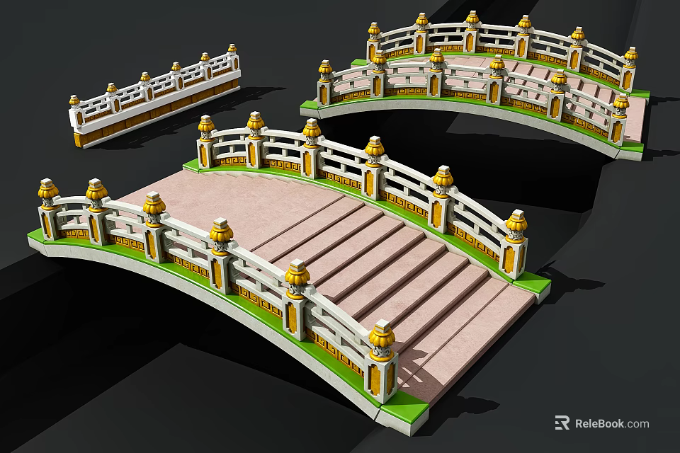 Traditional Chinese Arched Bridge With White Railings Golden Pillars And Stone Steps 3d model 