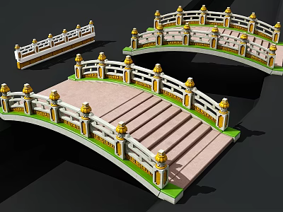 Traditional Chinese Arched Bridge With White Railings Golden Pillars And Stone Steps 3d model