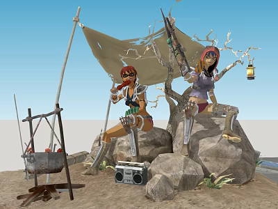 Two Women Sitting On Rocks With Sailcloth Tent Gun Lantern Radio Fire Pit In Sand 3d model