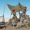 Two Women Sitting On Rocks With Sailcloth Tent Gun Lantern Radio Fire Pit In Sand