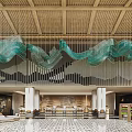 Luxurious Hotel Lobby Interior With Wooden Ceiling Turquoise Hanging Lights And Marble Floor