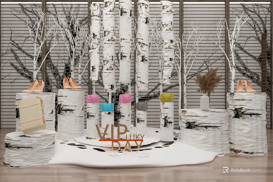 VIP Day Decorative Event Setup With Birch Trees Stacked White Materials And Colorful Accents 3d model 