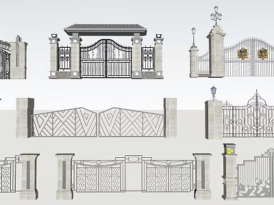 Different Entrance Gate Designs Featuring Iron Work and Stone Pillars With Decorative Details 3d model