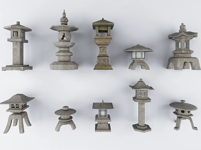 Outdoor Stone Lanterns With Various Traditional Designs For Garden Decoration 3d model
