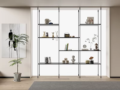 Modern Black Metal Shelving Unit With Multiple Shelves Decorative Items And Green Plants In Interior 3d model