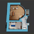 3D Model Interior Room Layout Design With Bed Sofa Wooden Furniture Blue White Circular Area