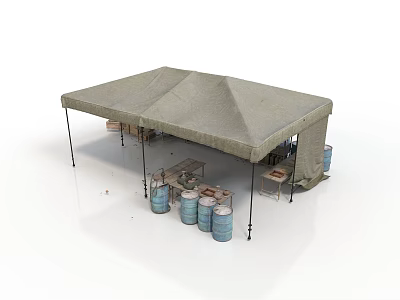Modern Outdoor Canopy Setup With Tables Chairs And Blue Barrels 3d model