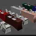 Vibrant Rectangular Tables Setup With Various Colored Tablecloths White Chairs Wine Glasses And Vases 3d model