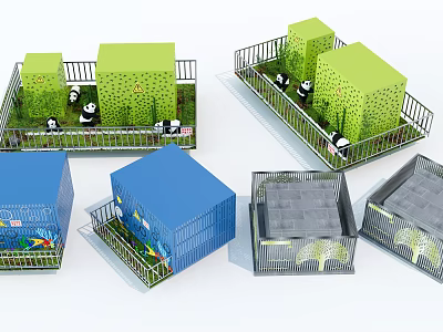 Sturdy Metal Railings for Animal Enclosures with Green Structures Blue Cages and Gray Bases 3d model