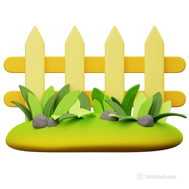 Decorative Ornament Set With Yellow Picket Fence Green Leaves And Gray Stones On Grassy Base 3d model 